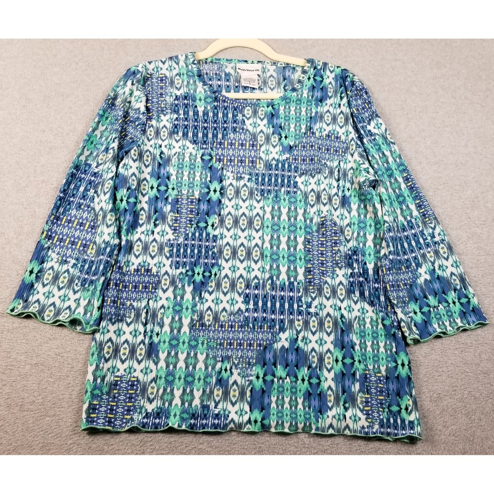 Bon‎ Worth Top Women's S Small Blue Green Ikat Geometric 3/4 Sleeves See Through
